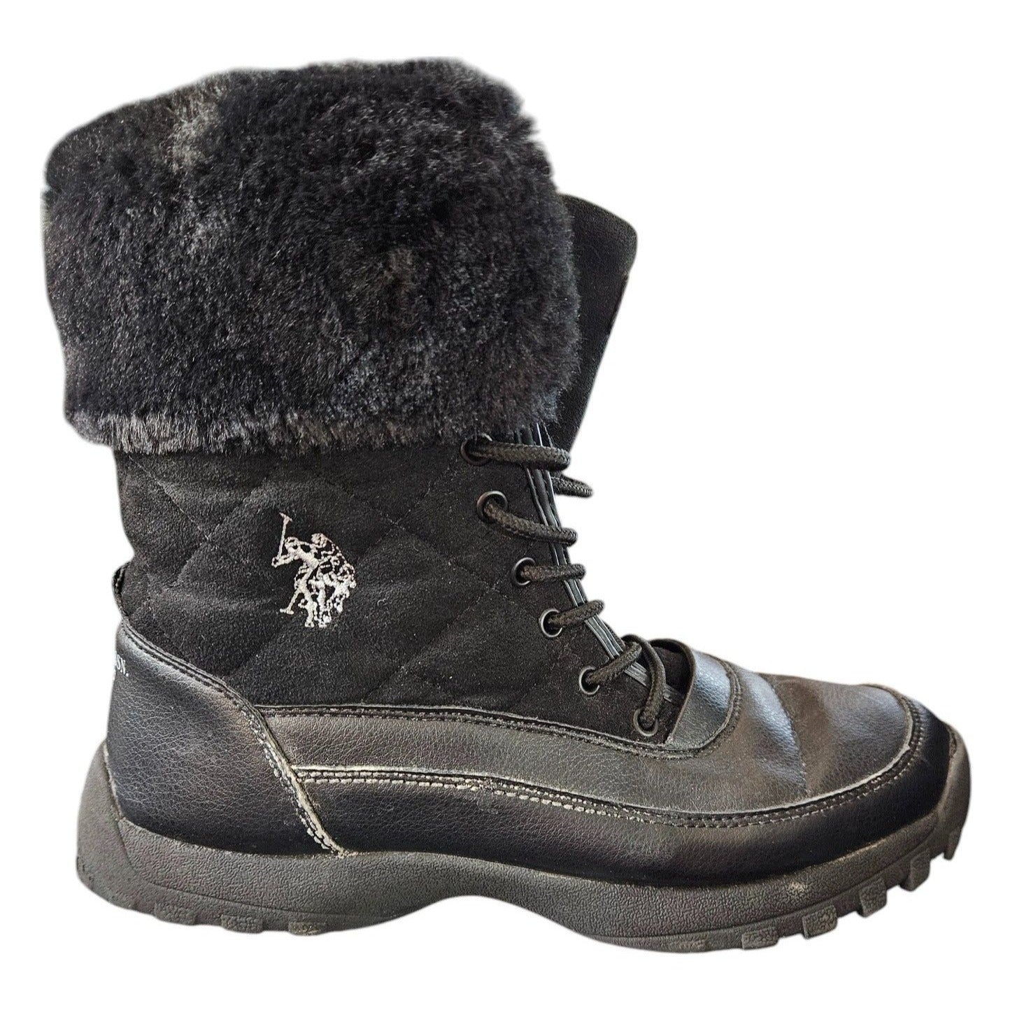 U.S. Polo Assn. Womens Black Fur-Lined Winter Boots Size 8 Medium With Quilted Upper & Durable Rubber Sole