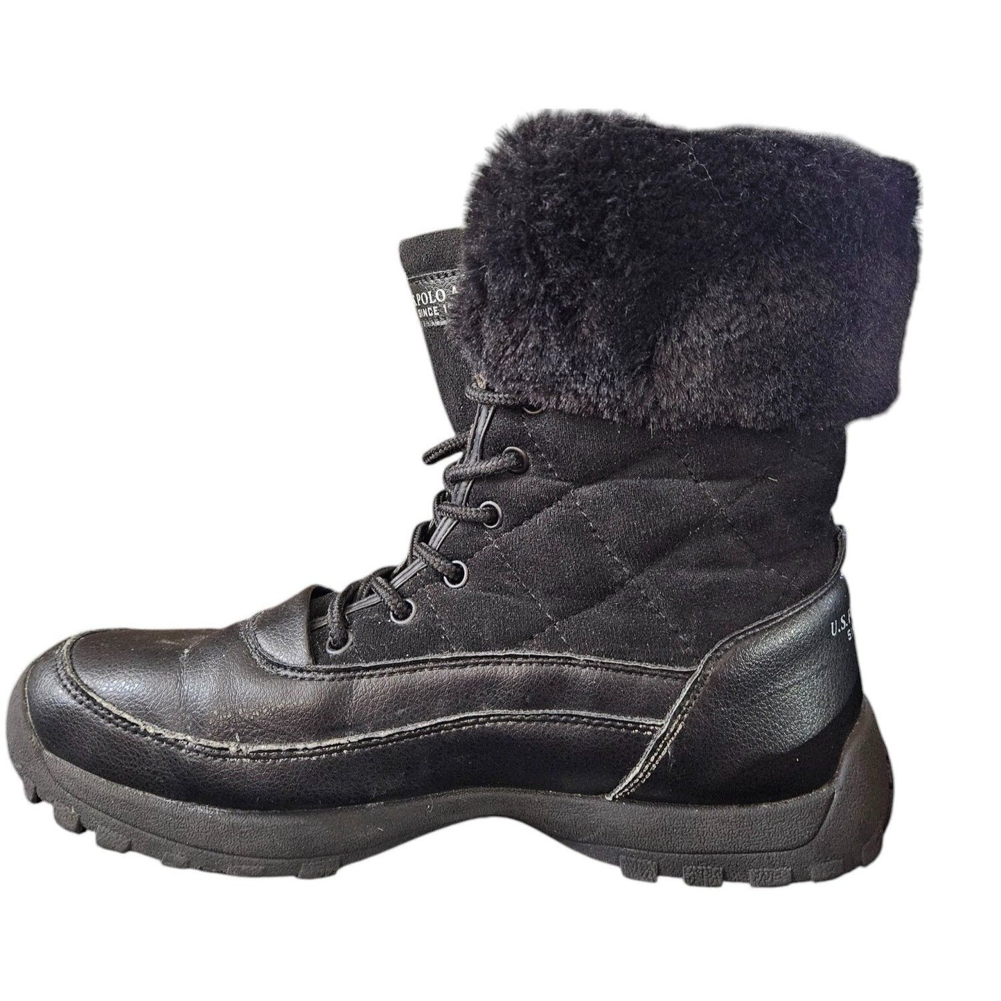 U.S. Polo Assn. Womens Black Fur-Lined Winter Boots Size 8 Medium With Quilted Upper & Durable Rubber Sole