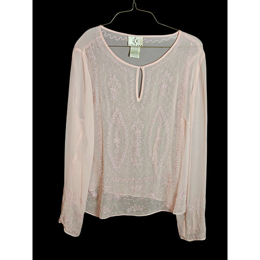 Vintage Inspired Sheer Pink Embroidered Boho Blouse