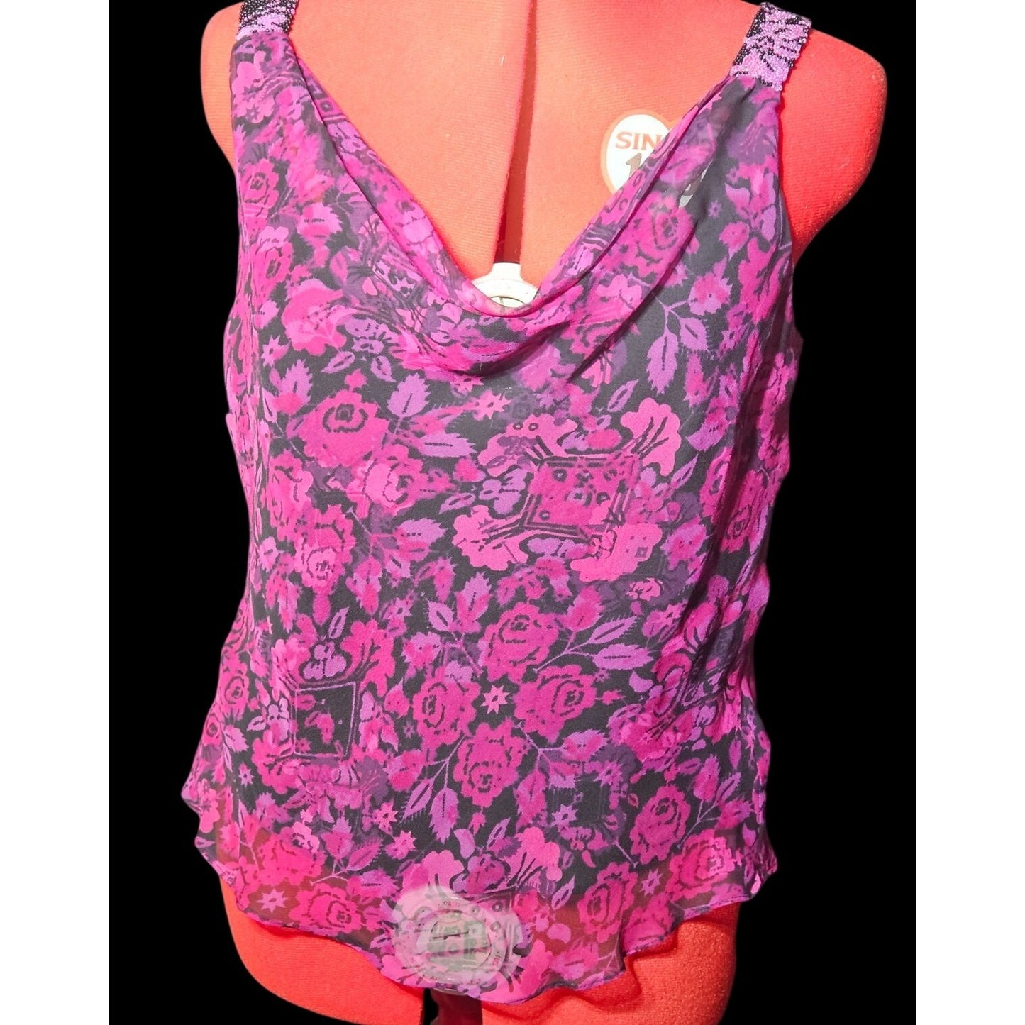Vintage Sleeveless Floral Beaded shoulder Top Blouse With Cowl Neck In Pink & Black