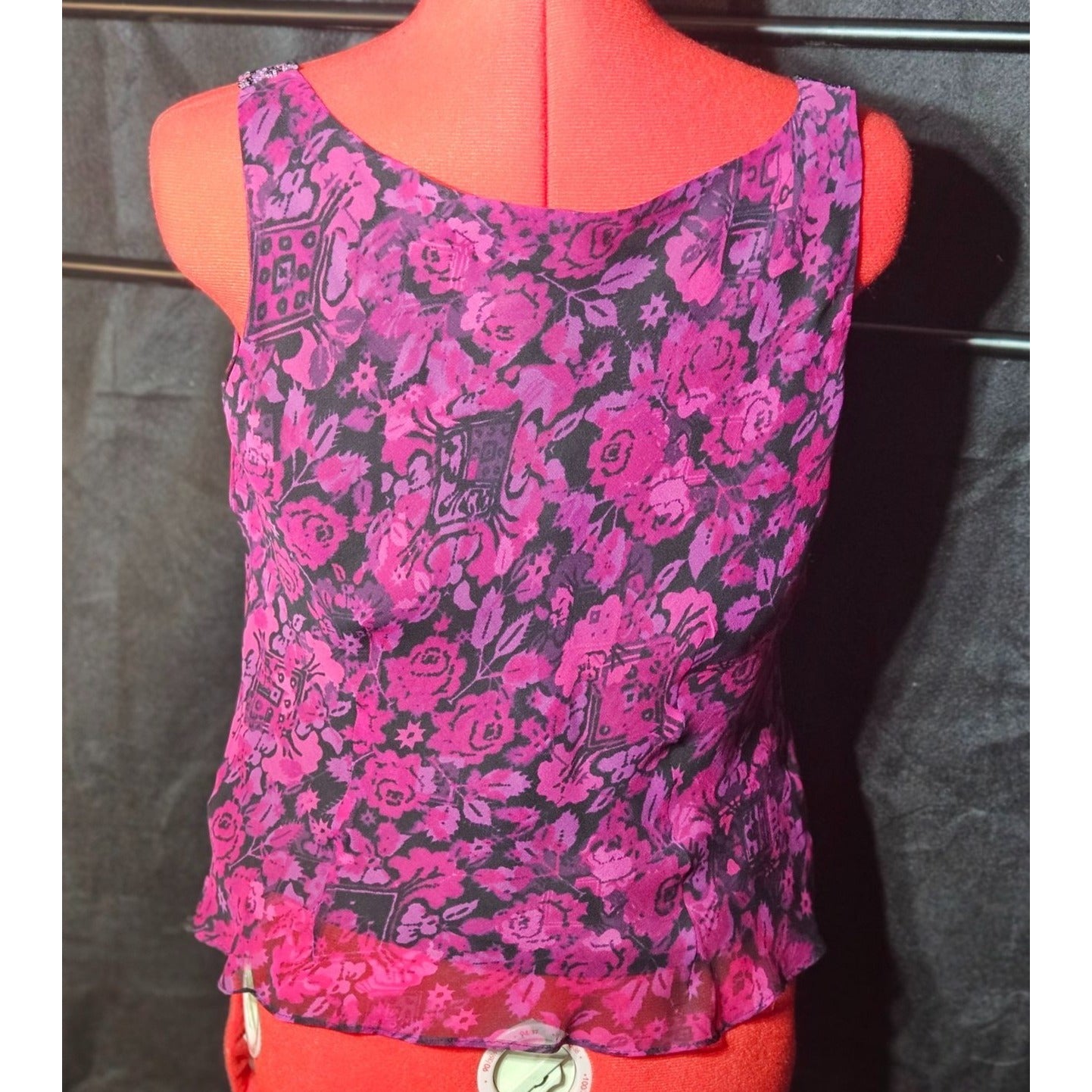 Vintage Sleeveless Floral Beaded shoulder Top Blouse With Cowl Neck In Pink & Black