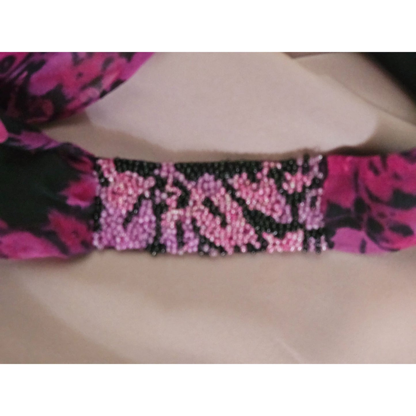 Vintage Sleeveless Floral Beaded shoulder Top Blouse With Cowl Neck In Pink & Black