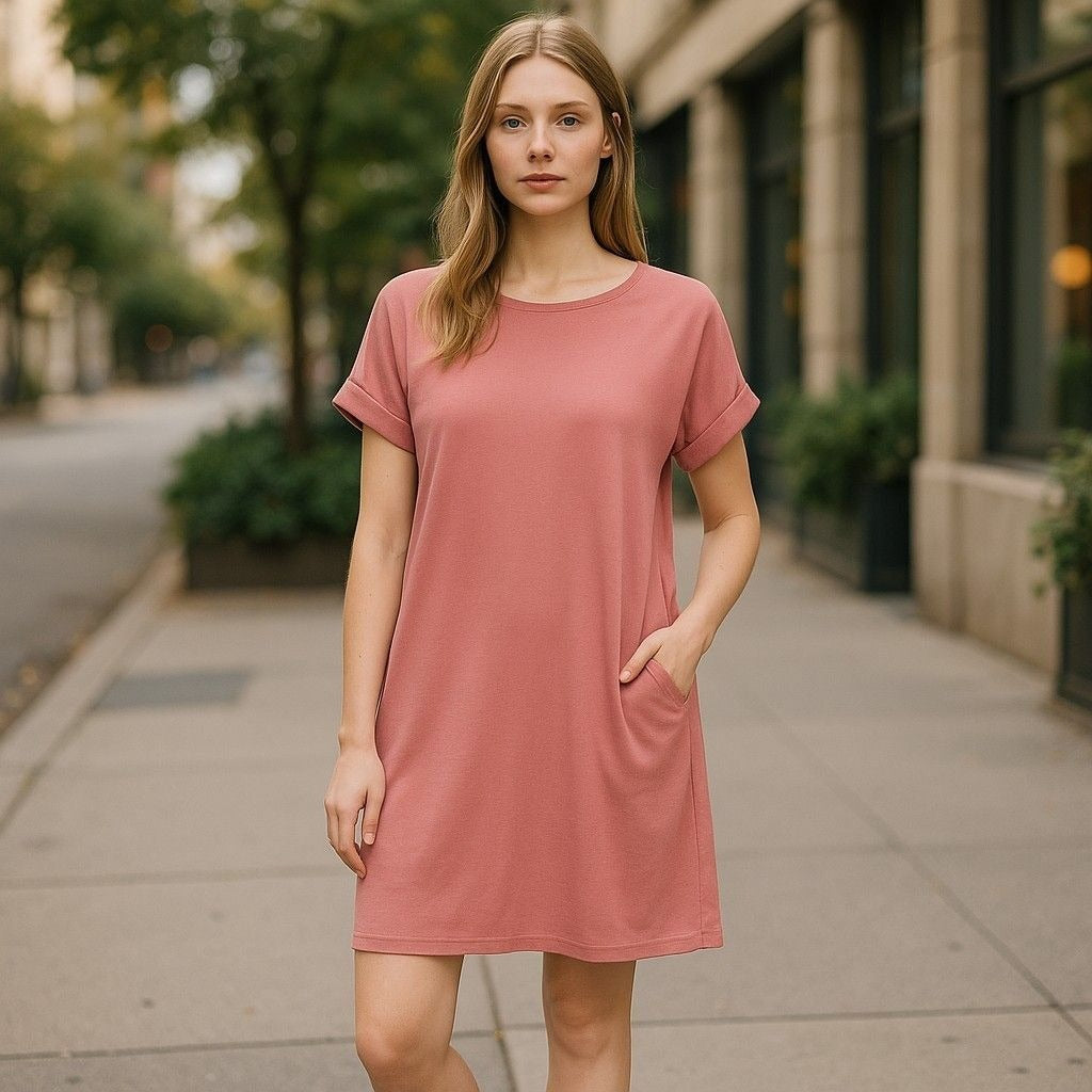 Casual Loose Fit Short Sleeve Pink T-Shirt Dress With Pockets