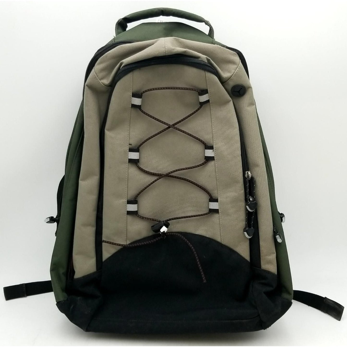 Nike Green & Beige Backpack With Black Accents Durable Polyester & Nylon Adjustable Straps Zippered Compartments Outdoor/Everyday Use.