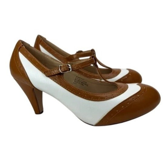 Chase & Chloe Kimmy-31C Womens T-Strap Heels Retro Oxford Style Brown & White Size 7.5