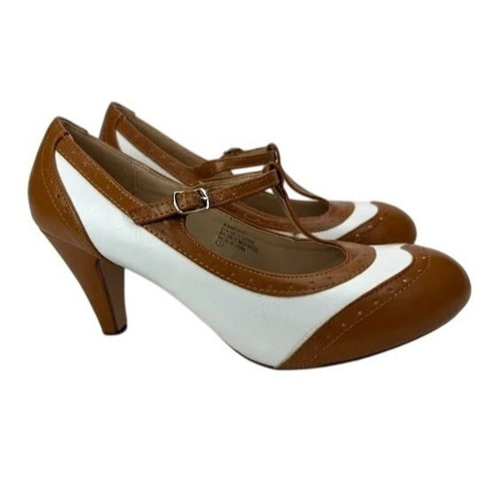 Chase & Chloe Kimmy-31C Womens T-Strap Heels Retro Oxford Style Brown & White Size 7.5