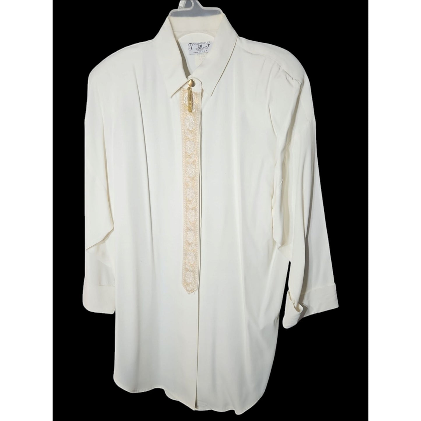 Vintage T & F White Button-Down Shirt With Ornate Gold Embroidery & Tassel Accent