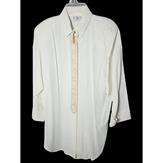 Vintage T & F White Button-Down Shirt With Ornate Gold Embroidery & Tassel Accent