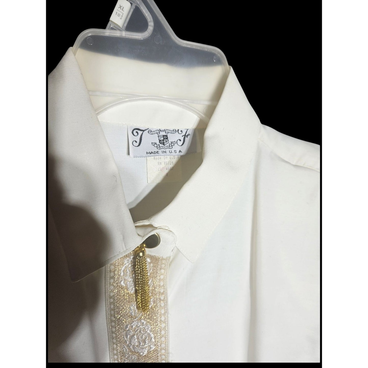 Vintage T & F White Button-Down Shirt With Ornate Gold Embroidery & Tassel Accent