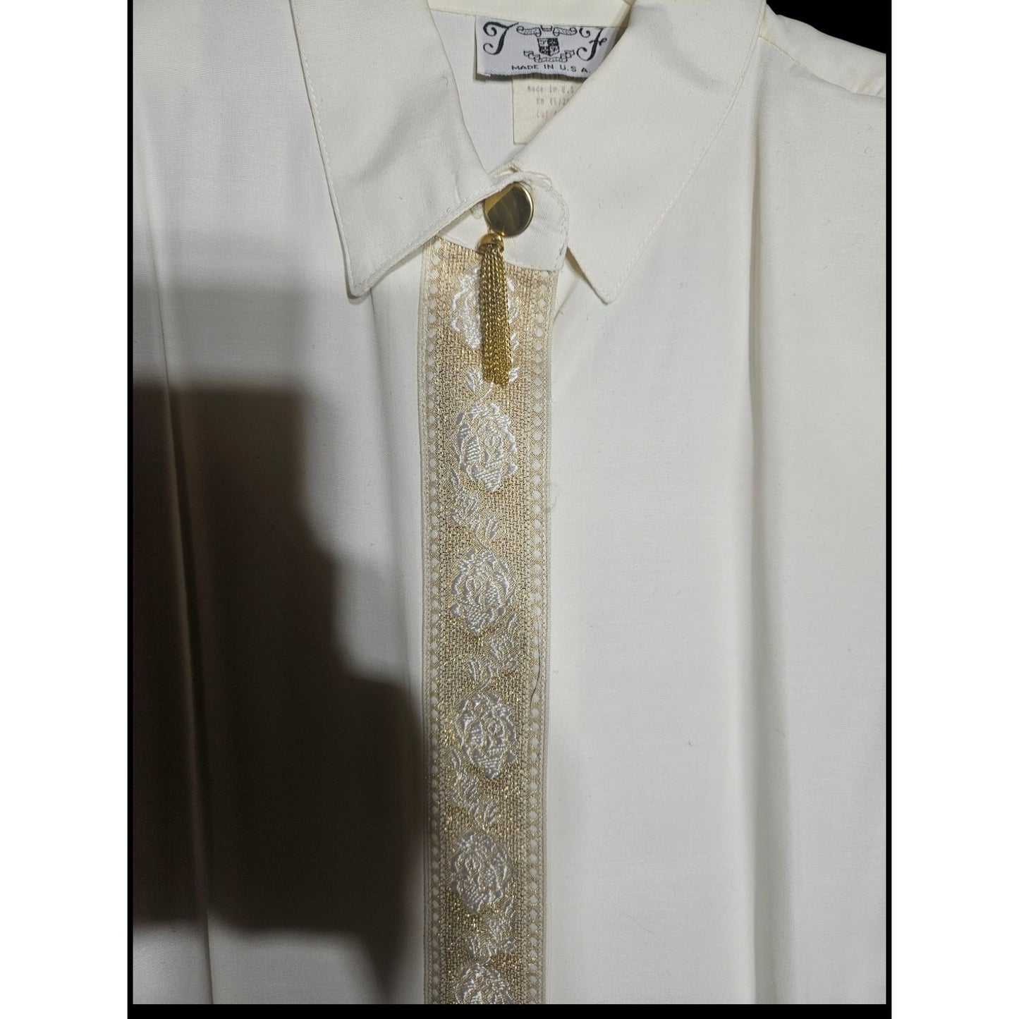Vintage T & F White Button-Down Shirt With Ornate Gold Embroidery & Tassel Accent
