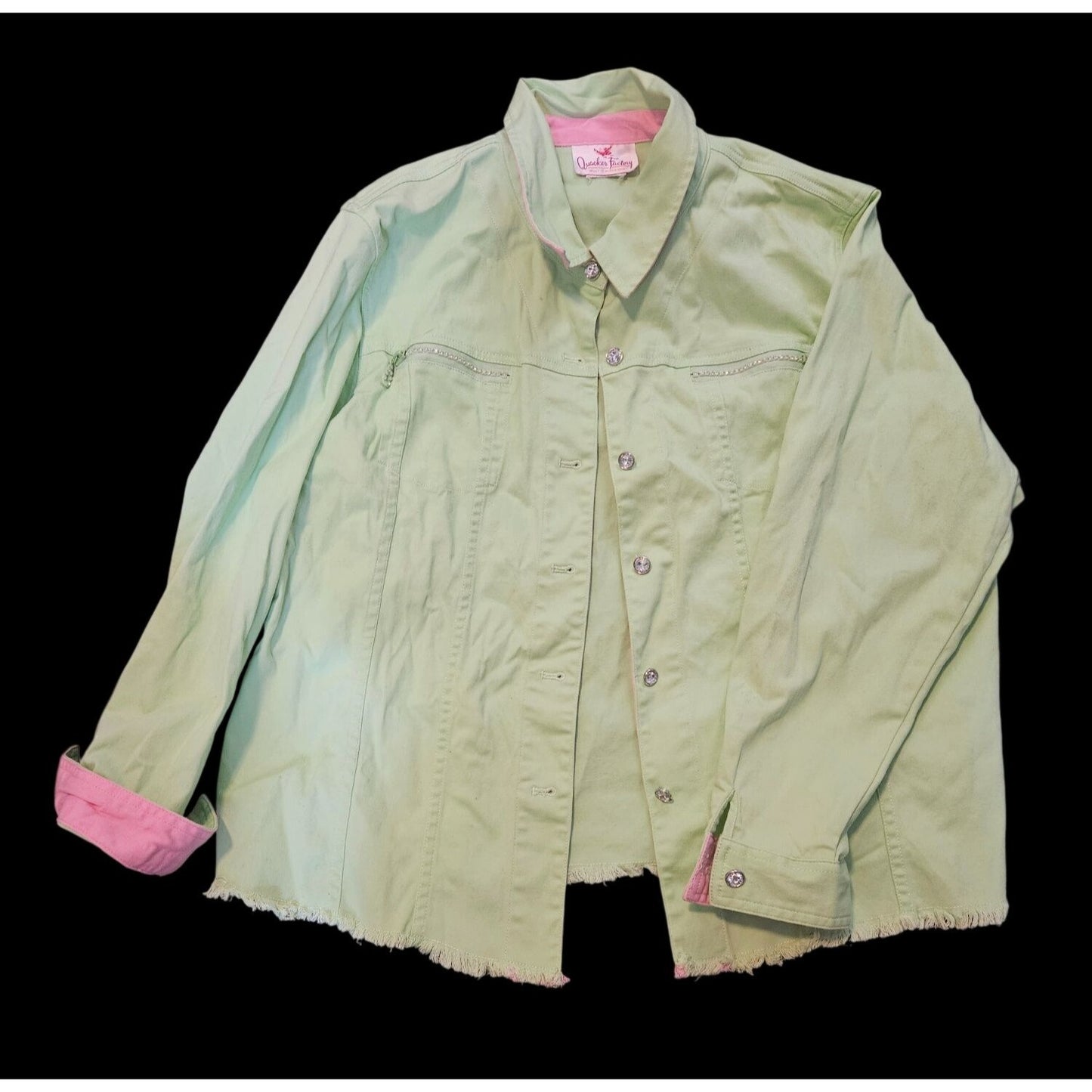 Vintage Beyond Trend Denim Jacket With Fringe Hem & Rhinestone Details Size L Mint green and pink