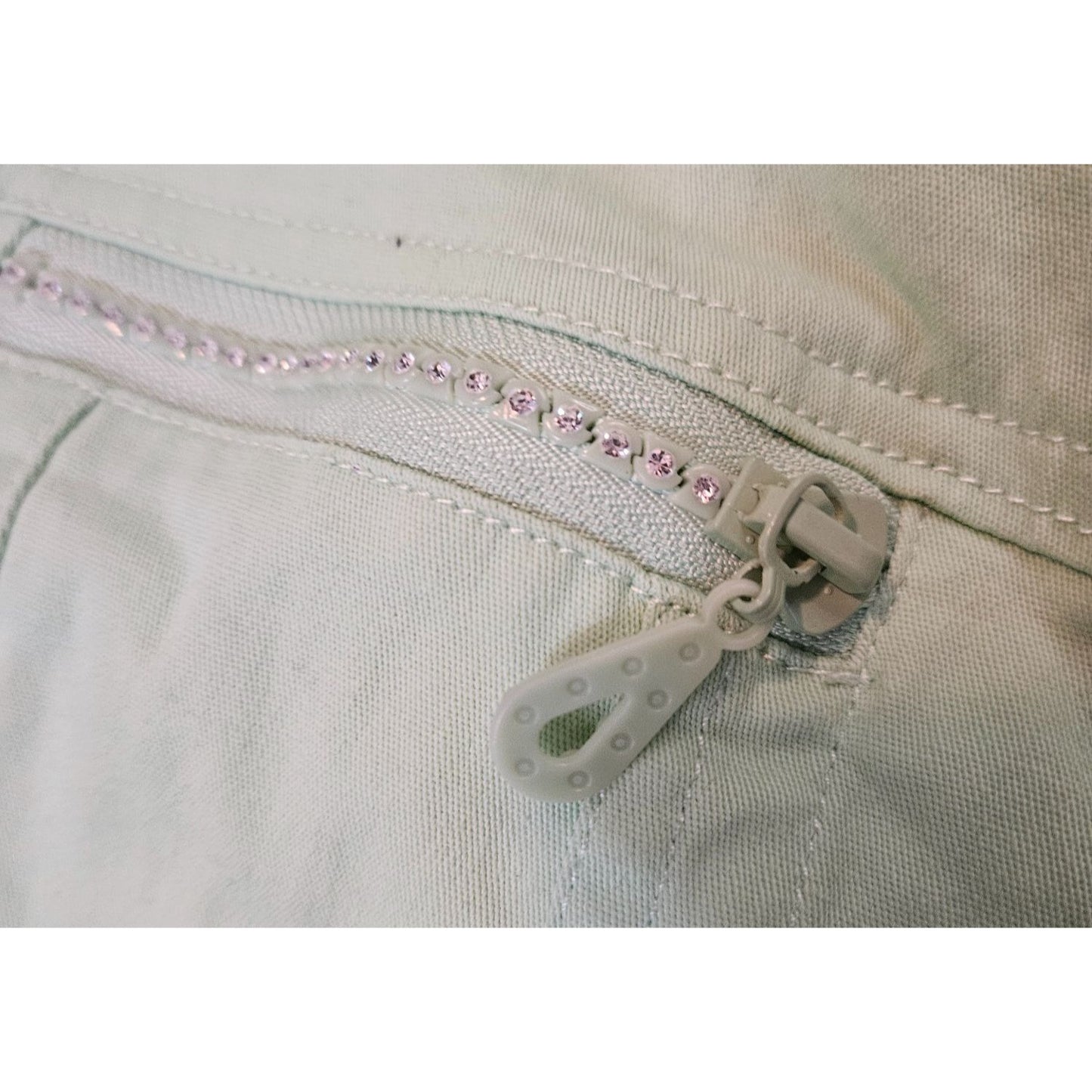 Vintage Beyond Trend Denim Jacket With Fringe Hem & Rhinestone Details Size L Mint green and pink