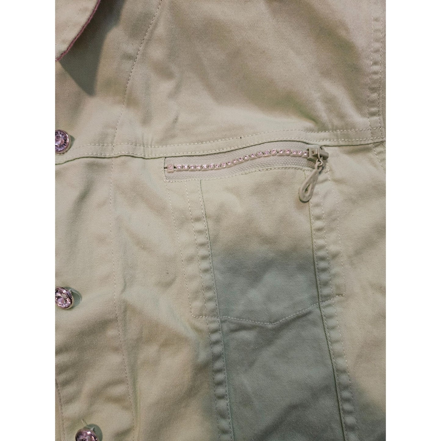 Vintage Beyond Trend Denim Jacket With Fringe Hem & Rhinestone Details Size L Mint green and pink