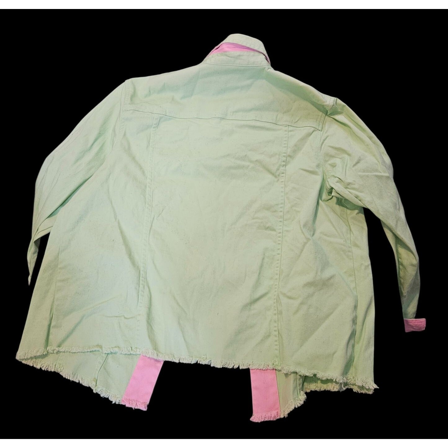 Vintage Beyond Trend Denim Jacket With Fringe Hem & Rhinestone Details Size L Mint green and pink