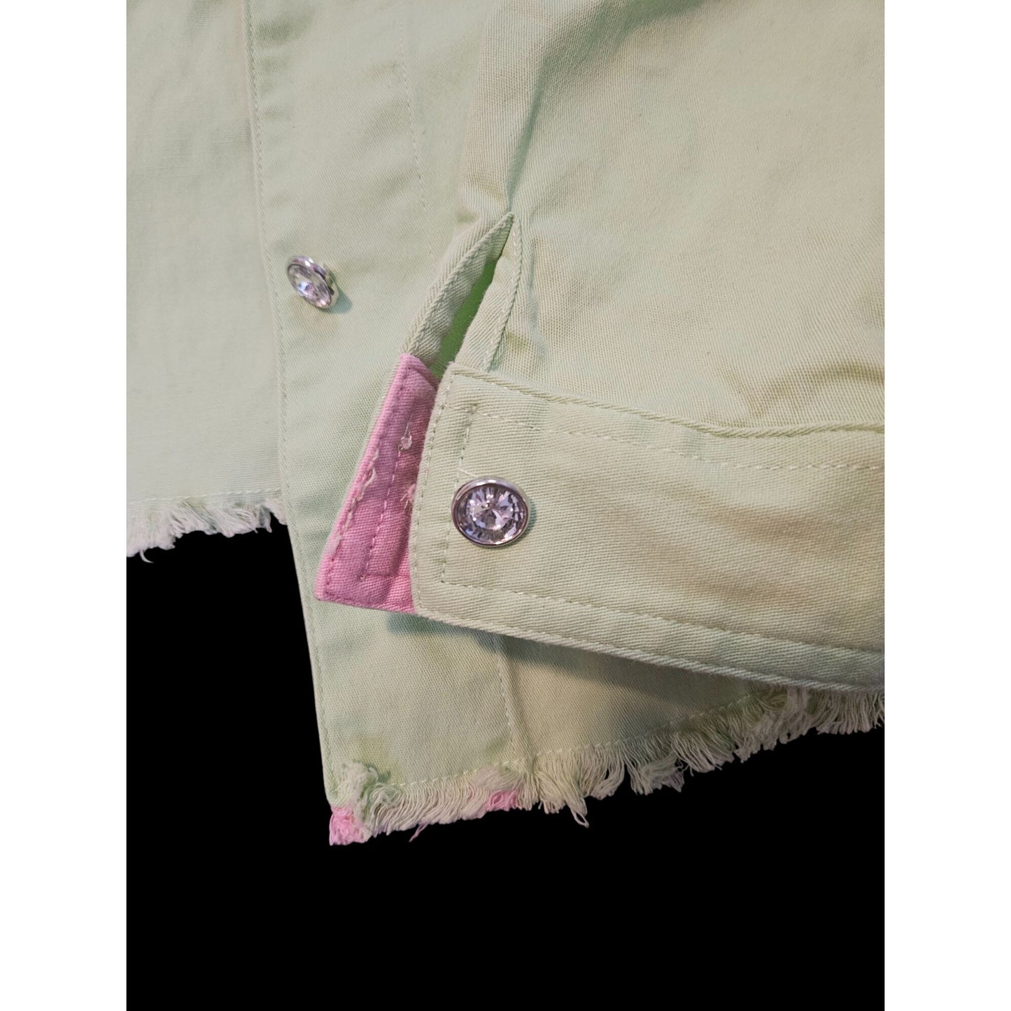 Vintage Beyond Trend Denim Jacket With Fringe Hem & Rhinestone Details Size L Mint green and pink