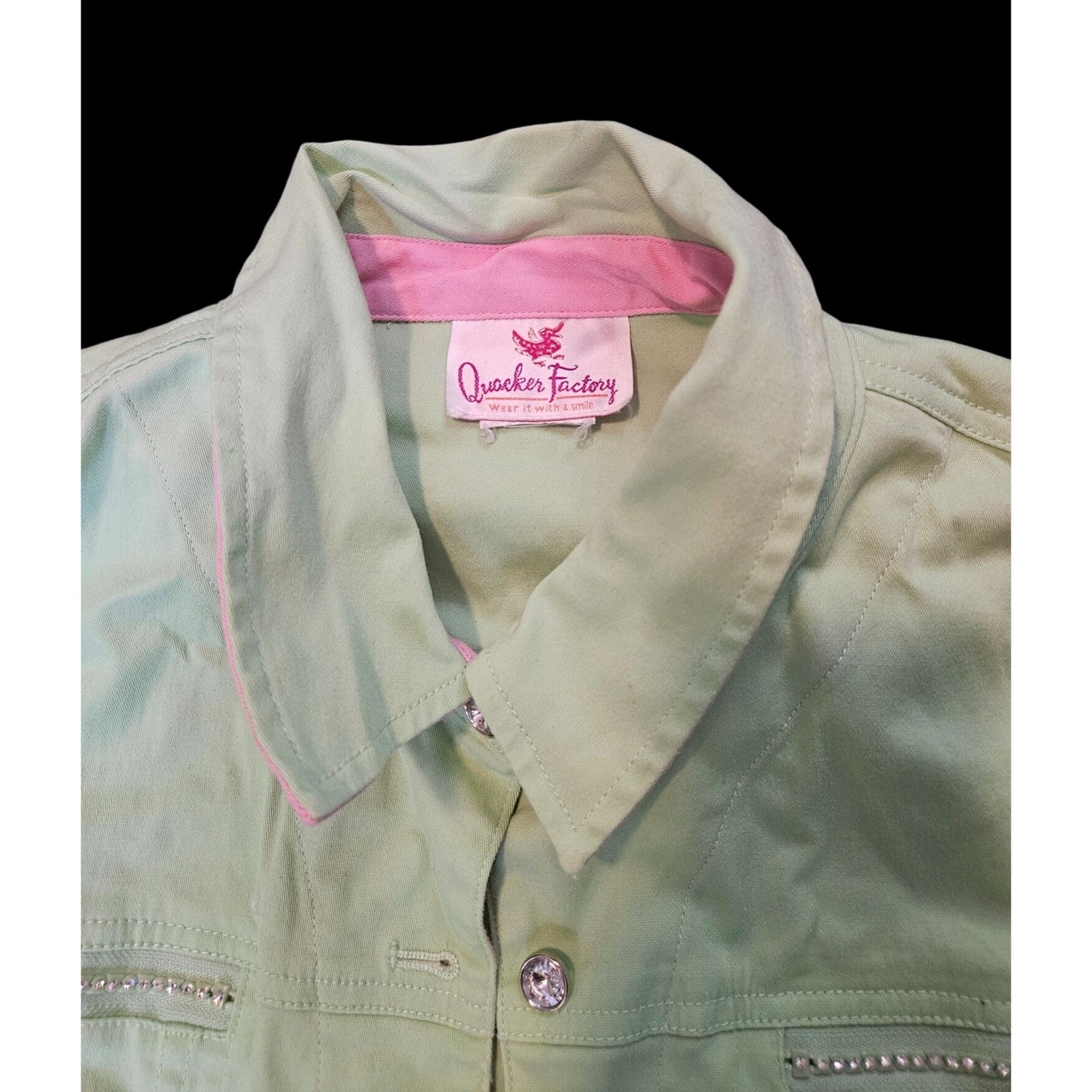 Vintage Beyond Trend Denim Jacket With Fringe Hem & Rhinestone Details Size L Mint green and pink