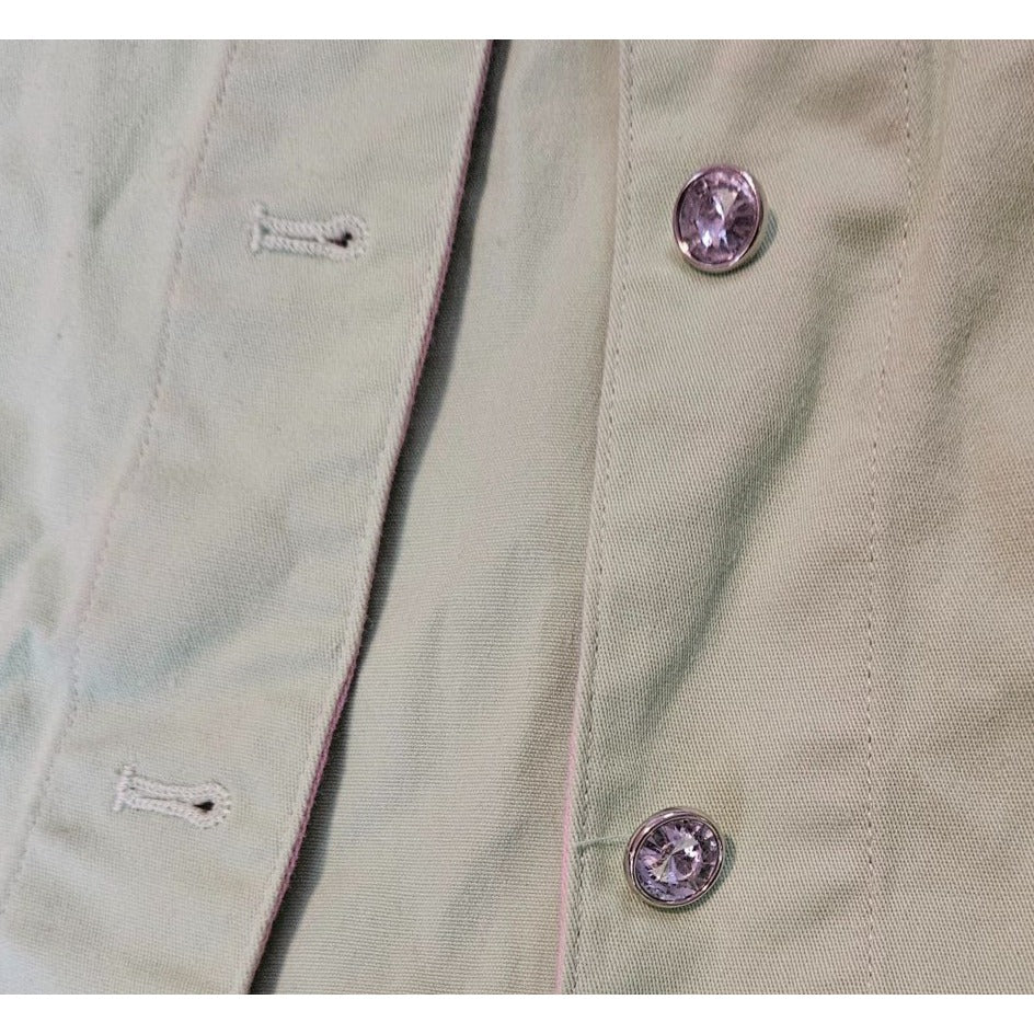 Vintage Beyond Trend Denim Jacket With Fringe Hem & Rhinestone Details Size L Mint green and pink