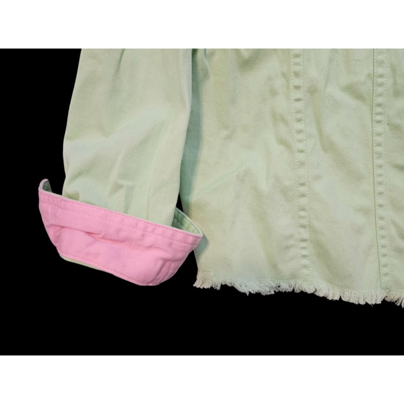 Vintage Beyond Trend Denim Jacket With Fringe Hem & Rhinestone Details Size L Mint green and pink