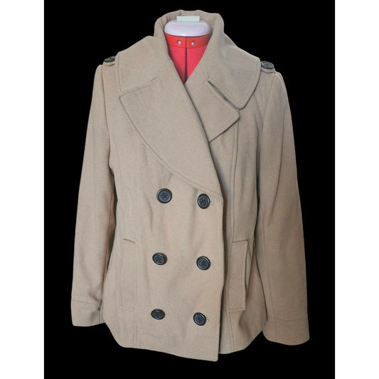Merona Womens Double-Breasted Camel Peacoat Size L Wool Blend