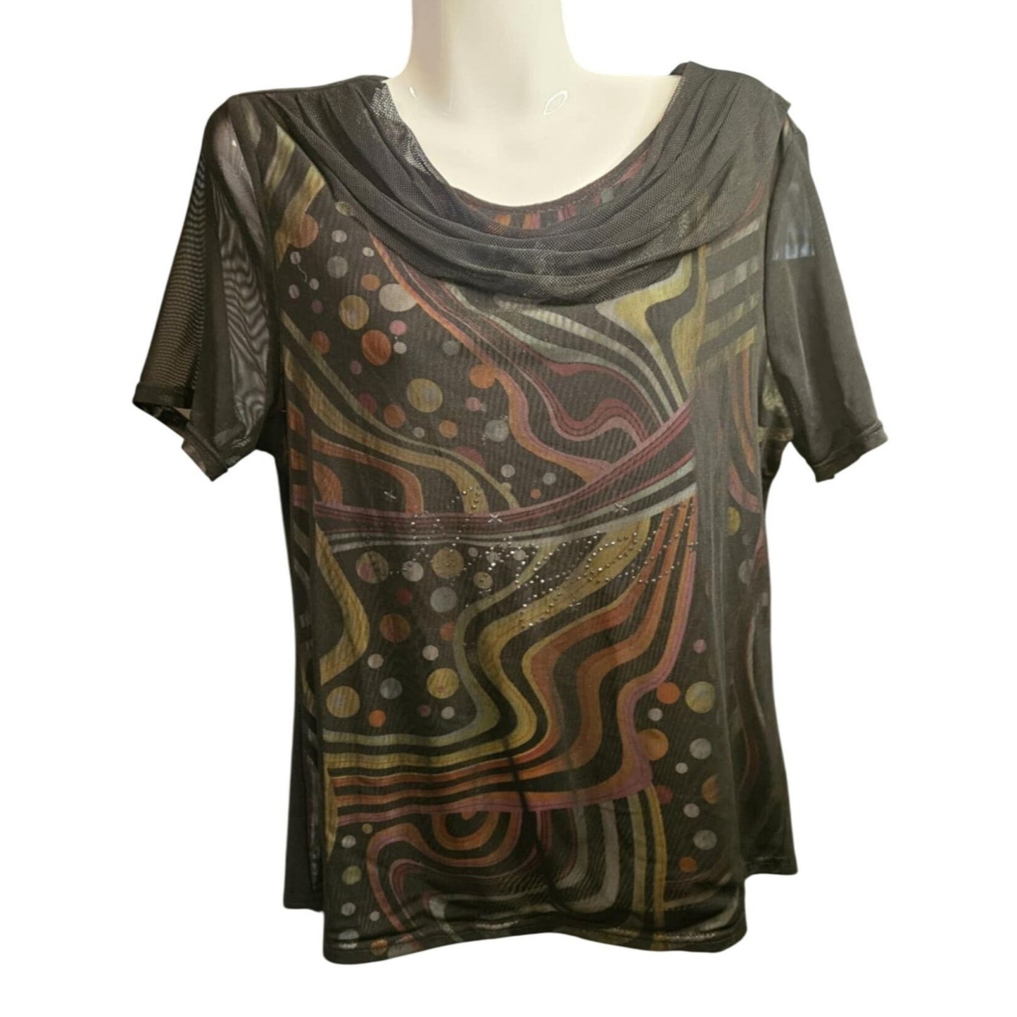 Vintage Abstract Printed Short Sleeve Drape Neck Mesh Top By Song Li