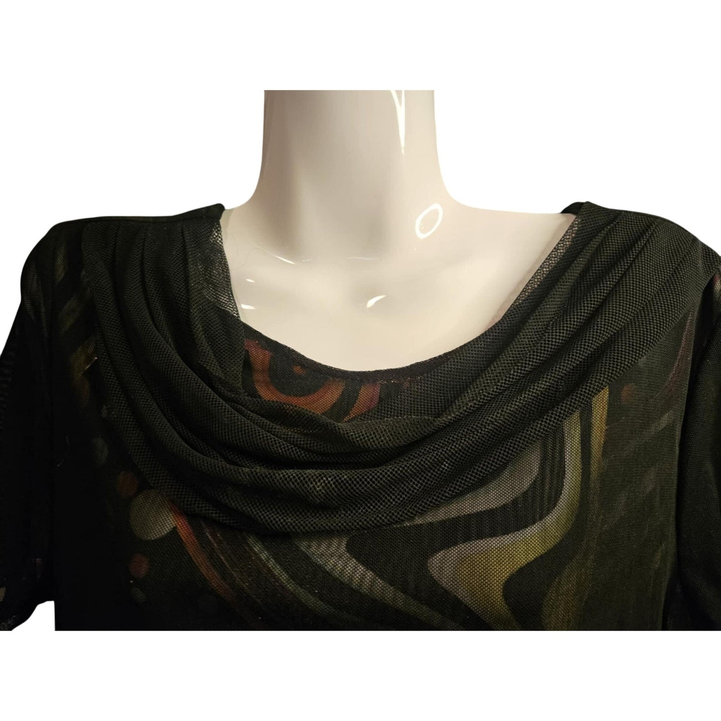 Vintage Abstract Printed Short Sleeve Drape Neck Mesh Top By Song Li