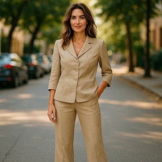 Kenar size 14 pant suit. Tan linen, still with tags purchased 1996( Measures XS)