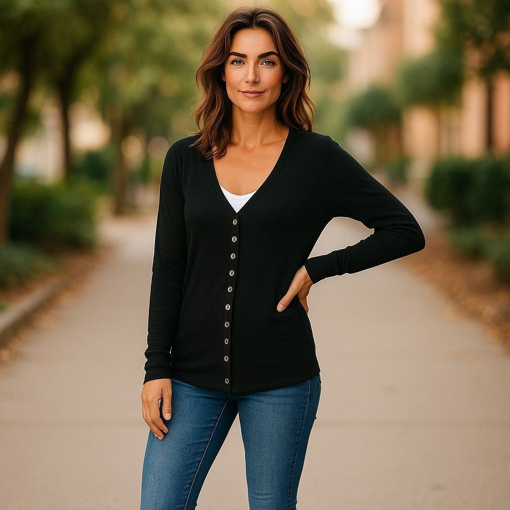 Black V-Neck Long Sleeve Snap-Up Cardigan for Women