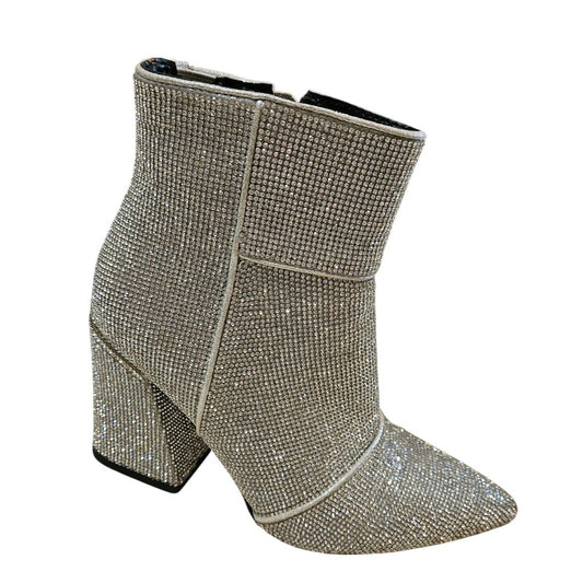 Rhinestone-Embellished Silver Pointed-Toe Ankle Boots With Block Heel & Side Zipper Closure size 6