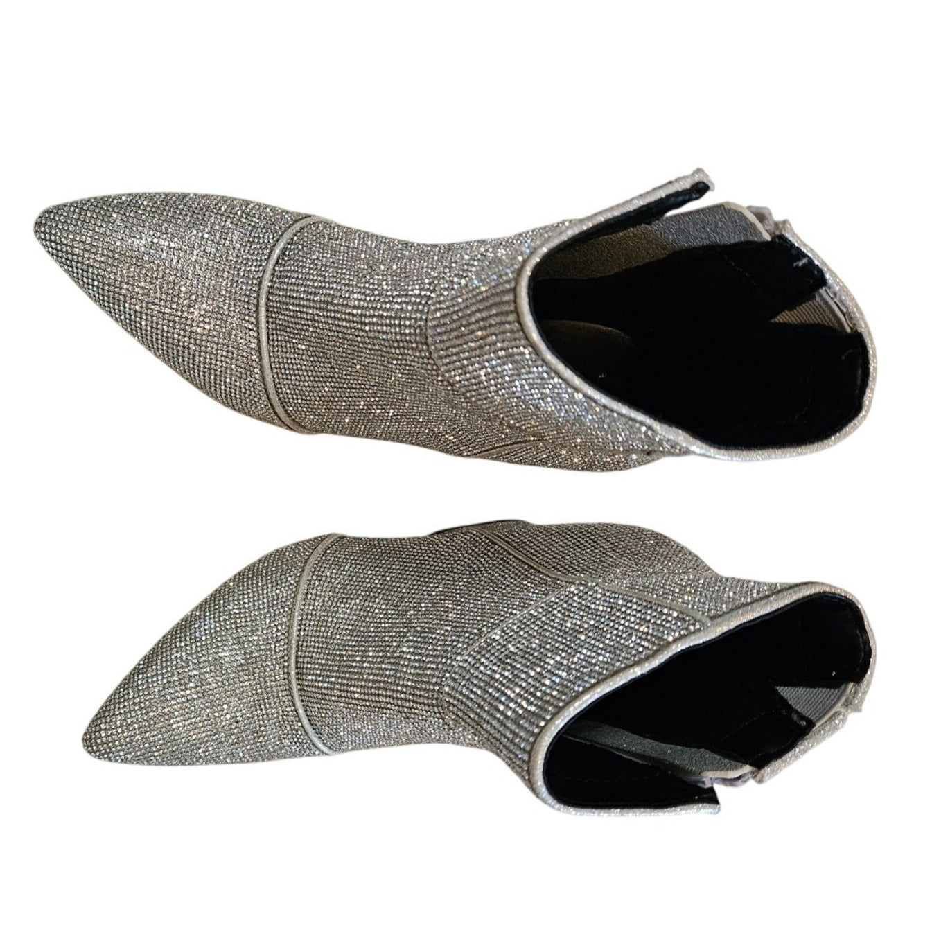 Rhinestone-Embellished Silver Pointed-Toe Ankle Boots With Block Heel & Side Zipper Closure size 6