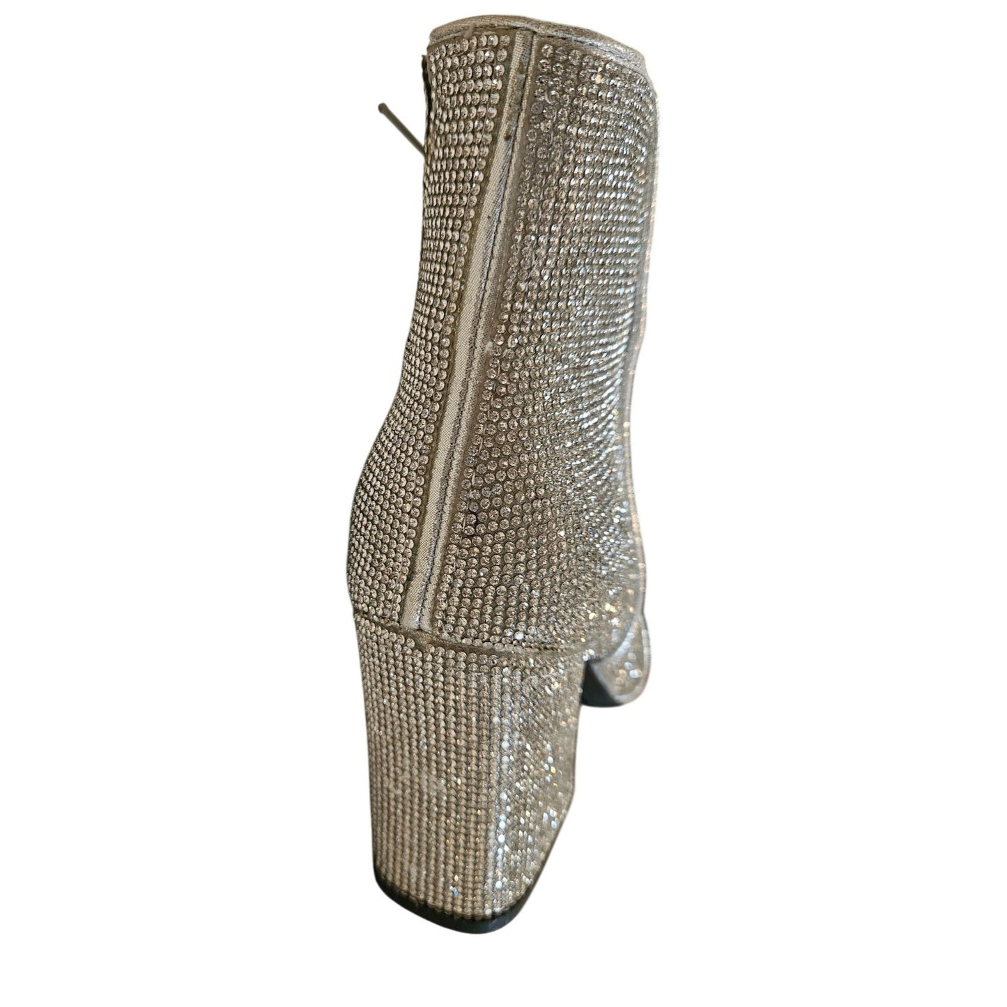 Rhinestone-Embellished Silver Pointed-Toe Ankle Boots With Block Heel & Side Zipper Closure size 6