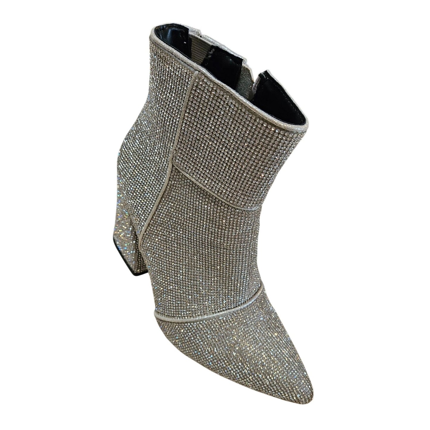 Rhinestone-Embellished Silver Pointed-Toe Ankle Boots With Block Heel & Side Zipper Closure size 6
