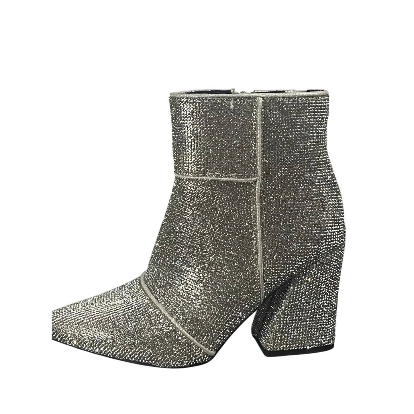 Rhinestone-Embellished Silver Pointed-Toe Ankle Boots With Block Heel & Side Zipper Closure size 6