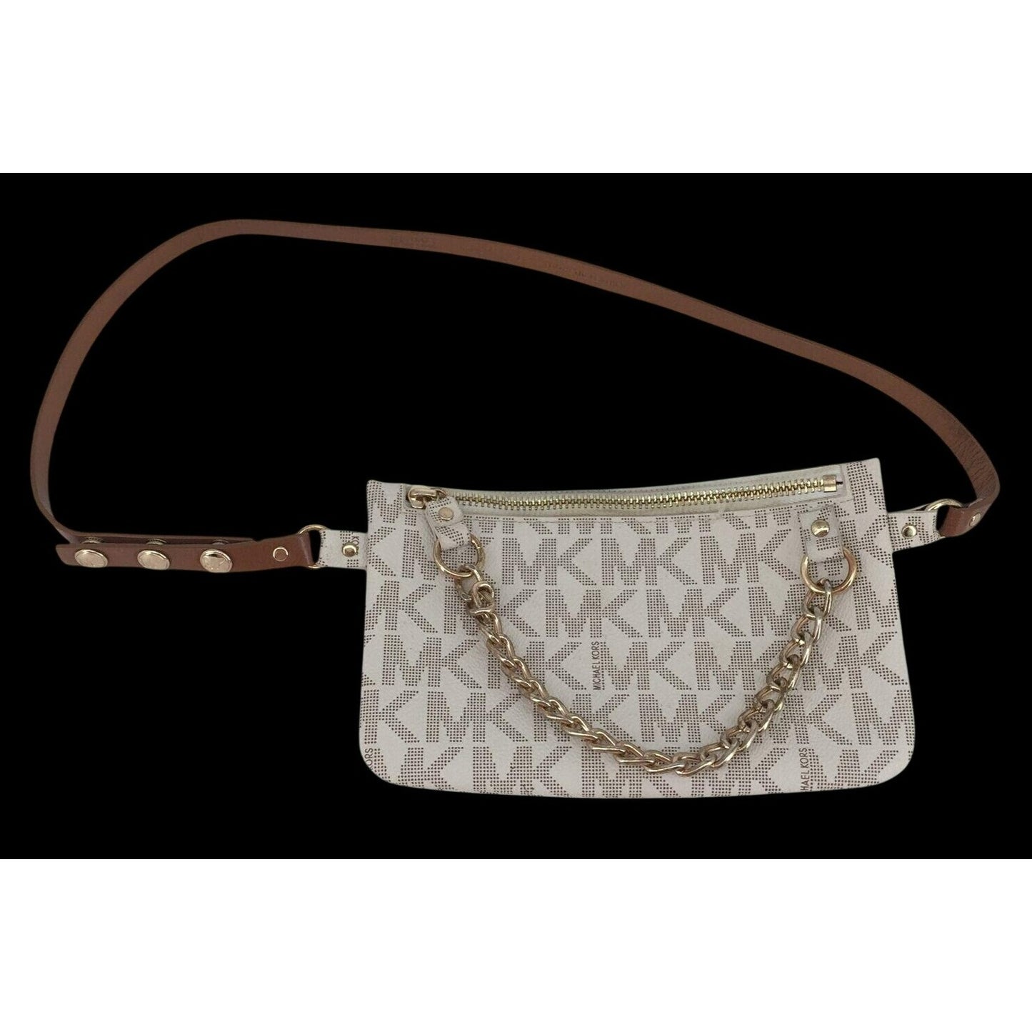 Michael Kors monogram bag with gold chain and adjustable strap; faux leather belt bag with pull chain.
