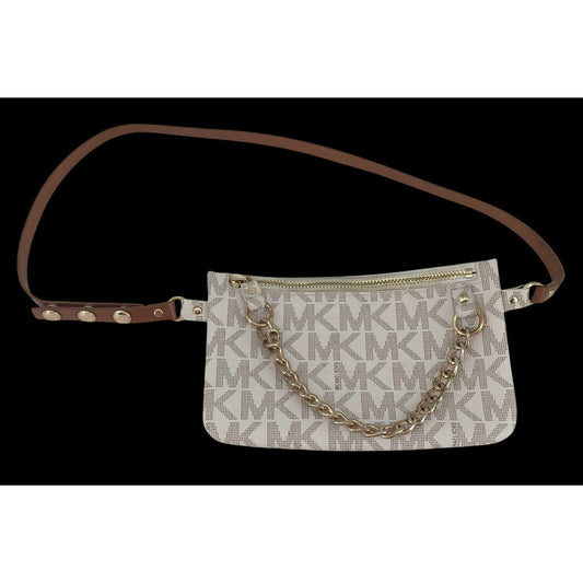 Michael Kors monogram bag with gold chain and adjustable strap; faux leather belt bag with pull chain.