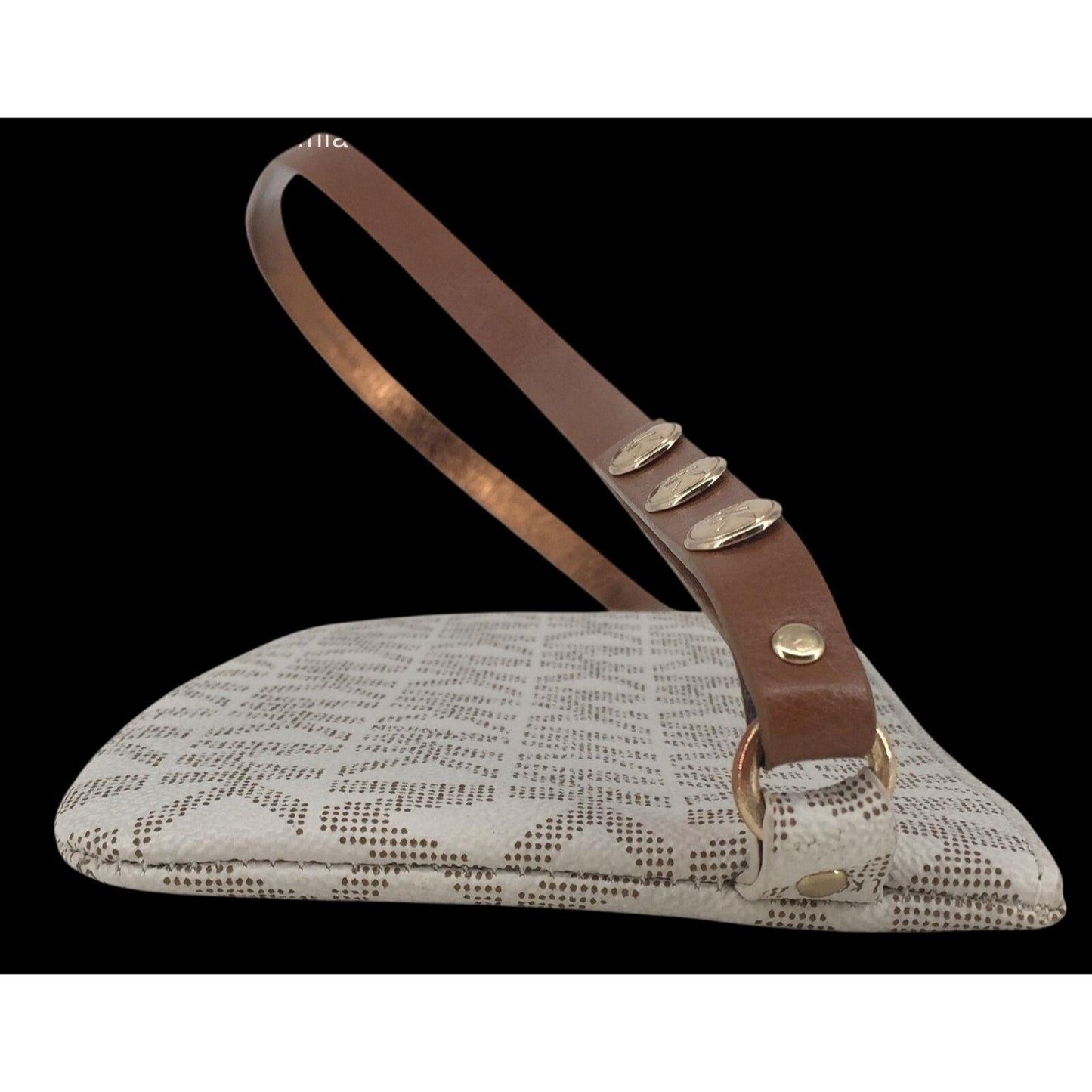 Michael Kors monogram bag with gold chain and adjustable strap; faux leather belt bag with pull chain.