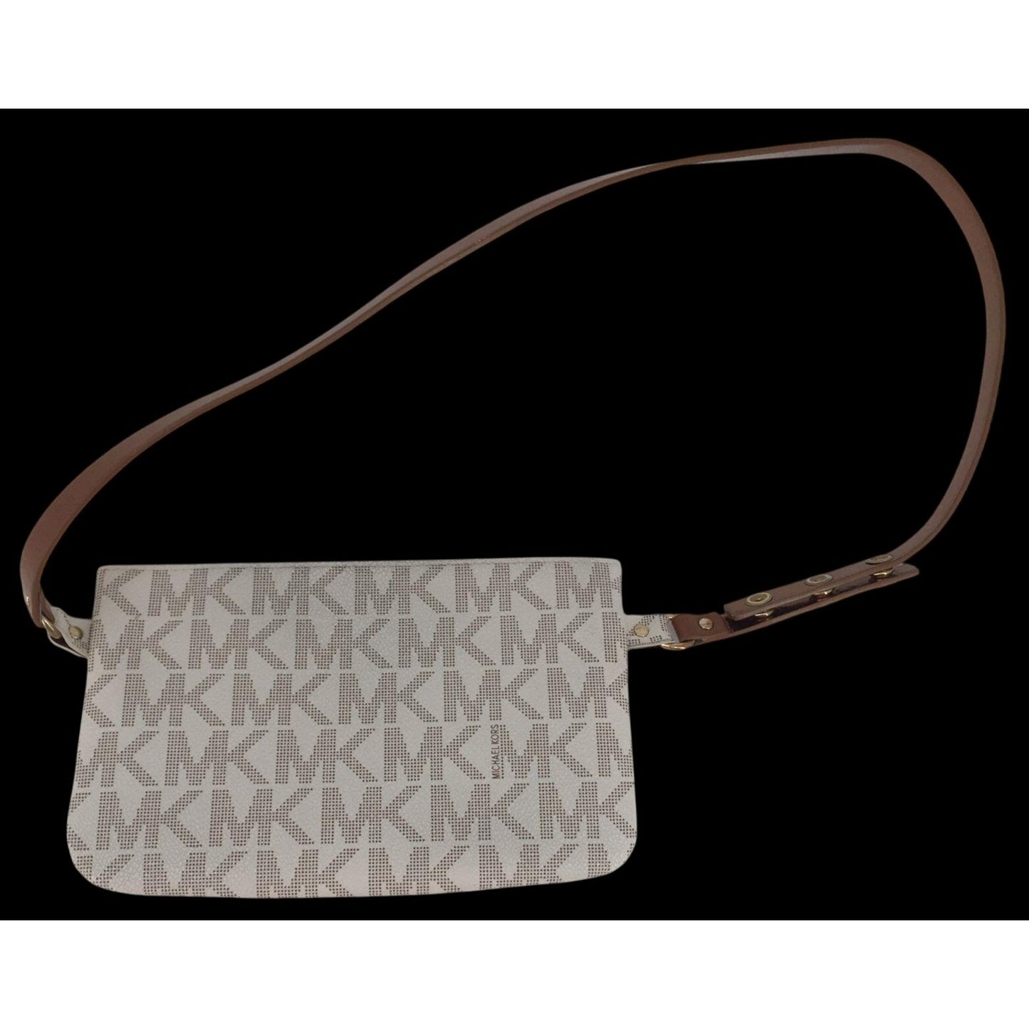 Michael Kors monogram bag with gold chain and adjustable strap; faux leather belt bag with pull chain.