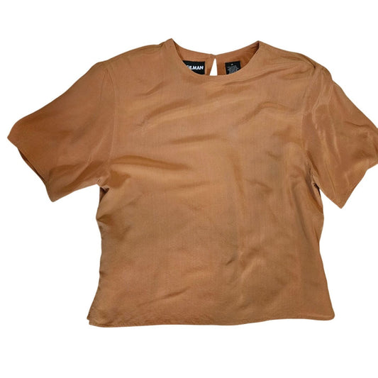 Diane Gilman Womens Vintage 80s Brown Short-Sleeve Top With Button Detail & Shoulder Pads Size M Polyester