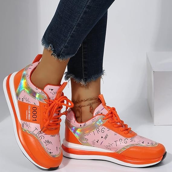 Colorful Lightweight Casual Sneakers With Quirky Print & Orange Accents