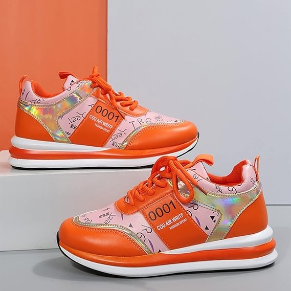 Colorful Lightweight Casual Sneakers With Quirky Print & Orange Accents