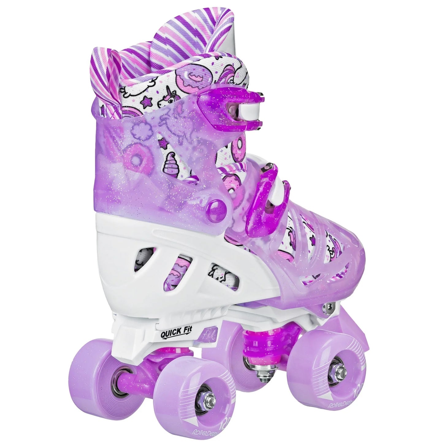 Roller Derby Adjustable Quad Skates For Kids Size 12-2 Purple/White Glitter Design Quick Fit System