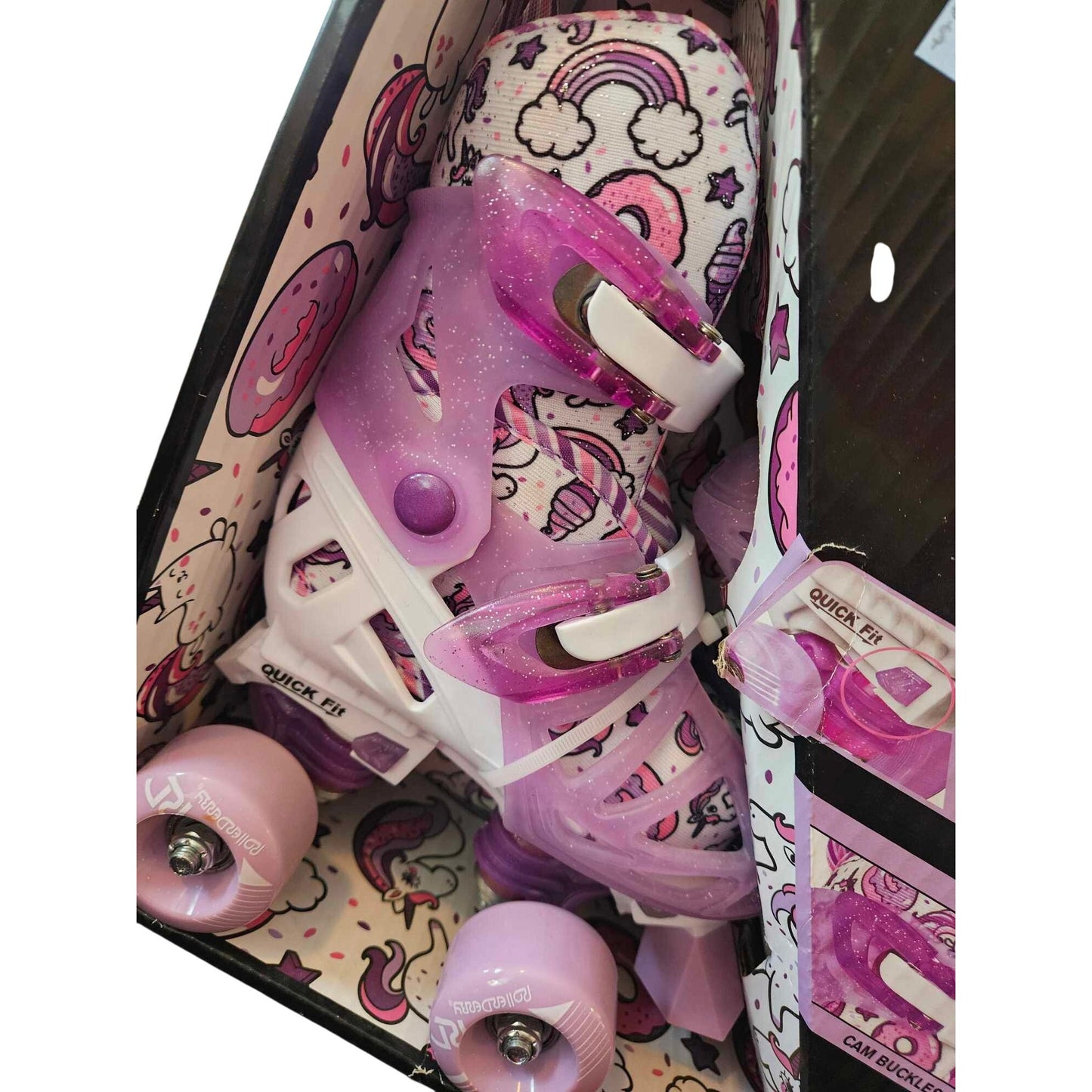 Roller Derby Adjustable Quad Skates For Kids Size 12-2 Purple/White Glitter Design Quick Fit System