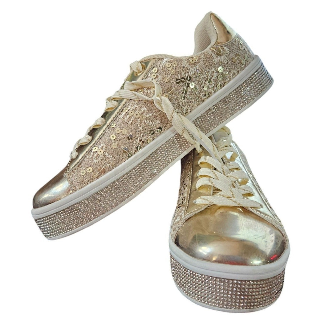 Gold Sequin Embellished Lace-Up Sneakers With Rhinestone Platform Sole By Uubaris 7.5