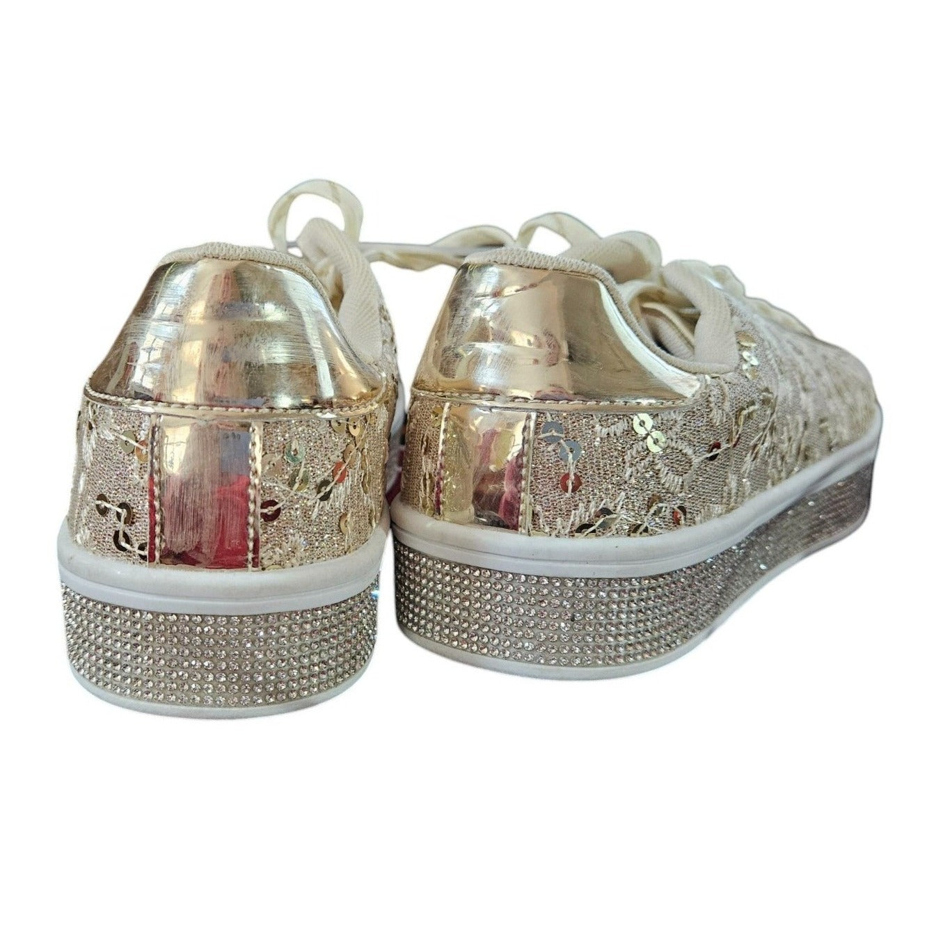 Gold Sequin Embellished Lace-Up Sneakers With Rhinestone Platform Sole By Uubaris 7.5