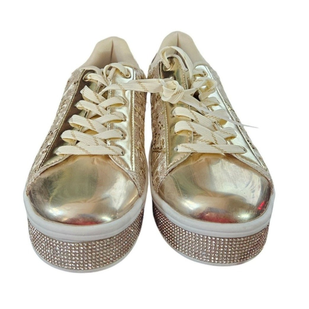 Gold Sequin Embellished Lace-Up Sneakers With Rhinestone Platform Sole By Uubaris 7.5