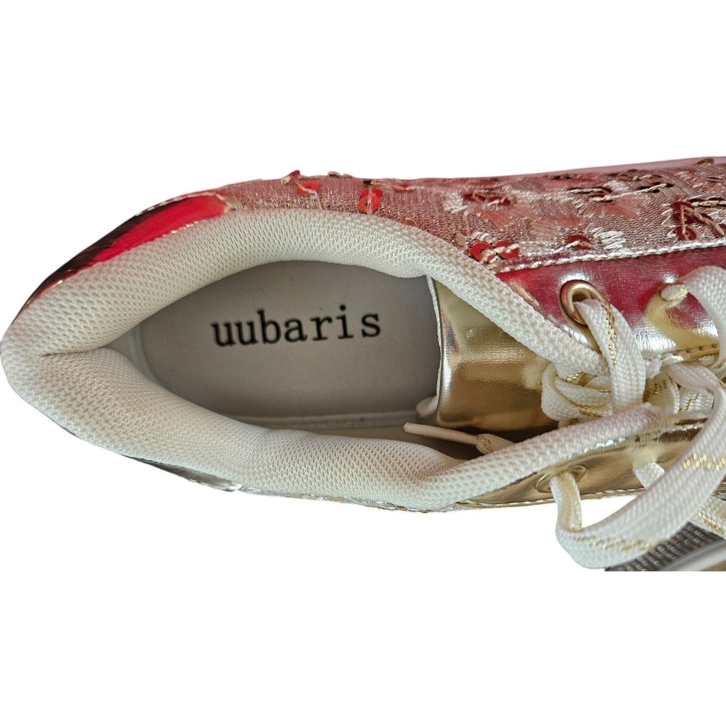 Gold Sequin Embellished Lace-Up Sneakers With Rhinestone Platform Sole By Uubaris 7.5