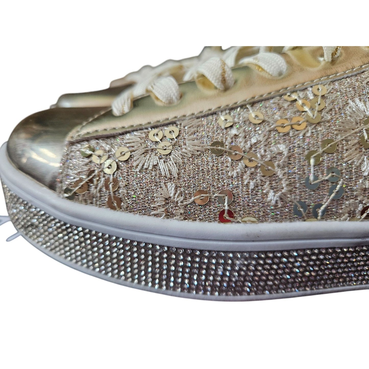 Gold Sequin Embellished Lace-Up Sneakers With Rhinestone Platform Sole By Uubaris 7.5