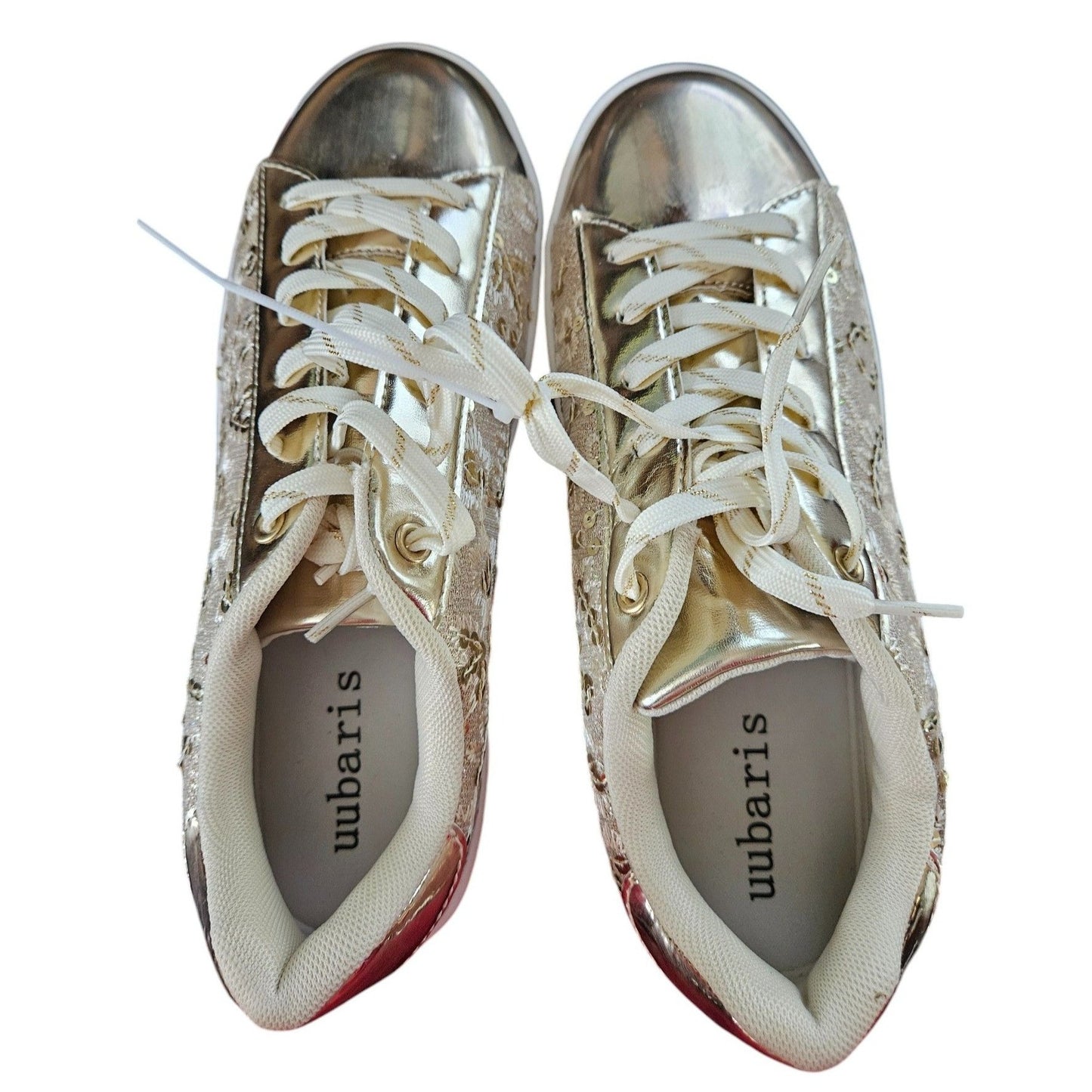 Gold Sequin Embellished Lace-Up Sneakers With Rhinestone Platform Sole By Uubaris 7.5