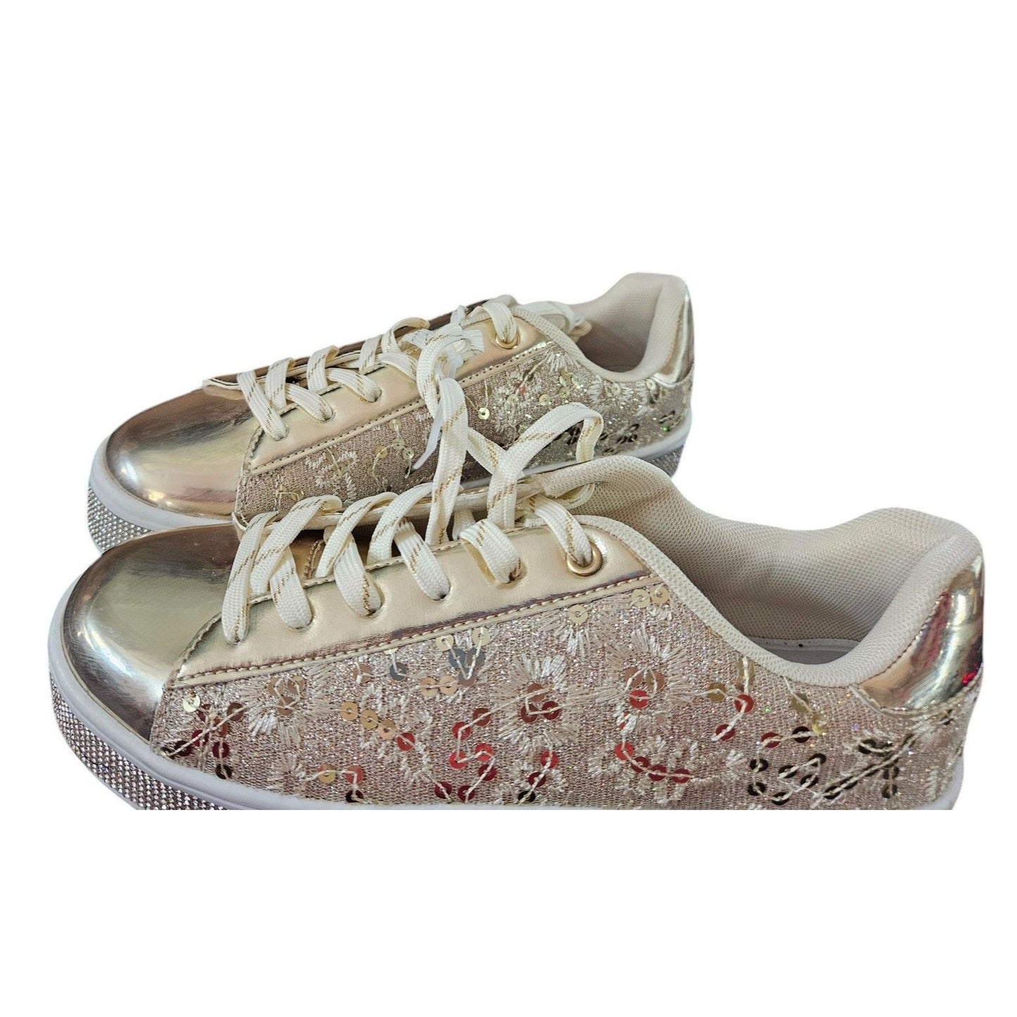 Gold Sequin Embellished Lace-Up Sneakers With Rhinestone Platform Sole By Uubaris 7.5