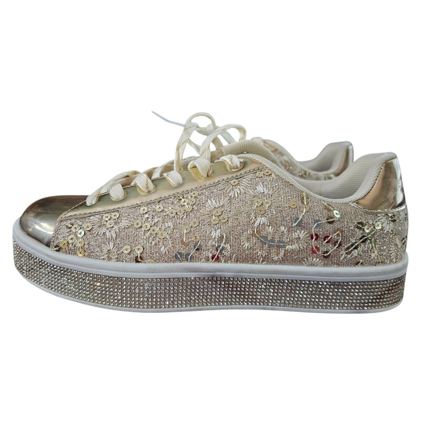 Gold Sequin Embellished Lace-Up Sneakers With Rhinestone Platform Sole By Uubaris 7.5
