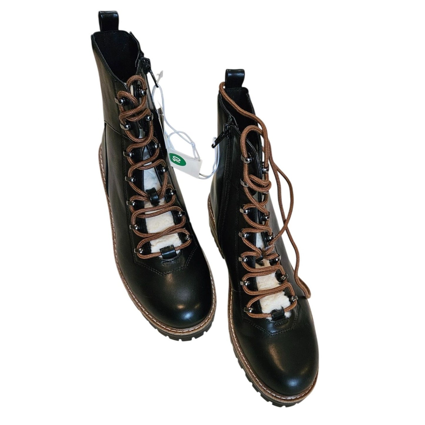 Black Leather Lace-Up Combat Boots With Faux Fur Lining & Side Zipper - Size 10